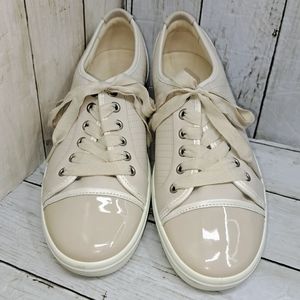 Ecco Wmn 10 Cream Beige Lthr LaceUp CapToe Top Stitching Bubble Sole Sneakers